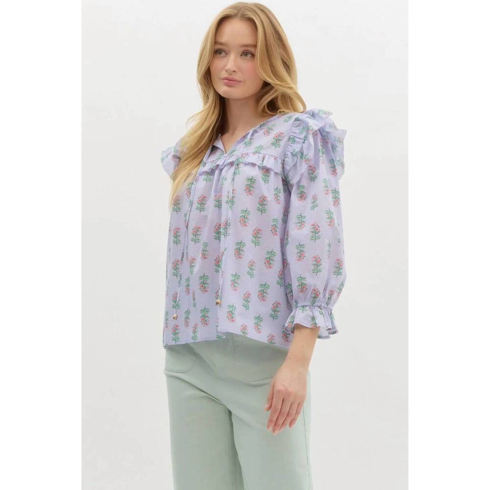 NEW ENTRO blossom ruffle shoulder blouse in blue floral - Picture 3 of 4